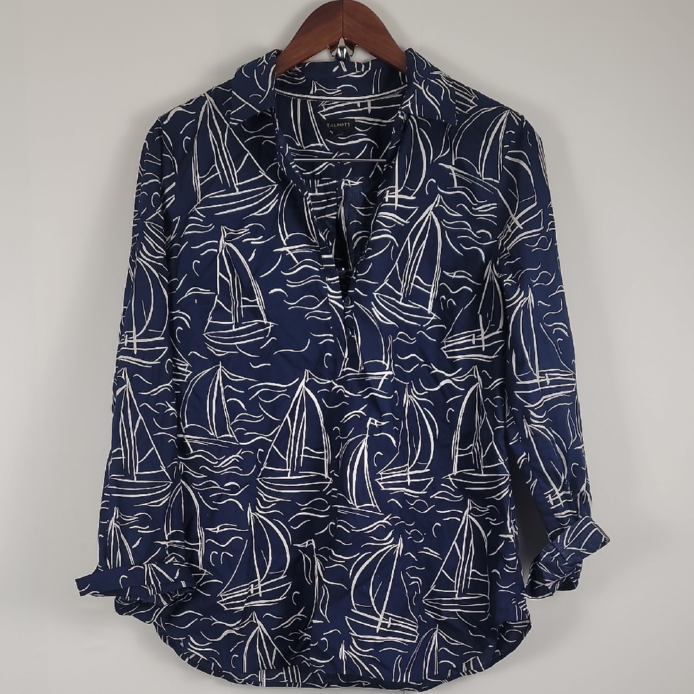Talbots Navy Blue Sailboat Collar Print Top
